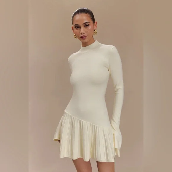 Meshki Blair Knit Mini Dress With Pleats - Ivory - Picture 2 of 15